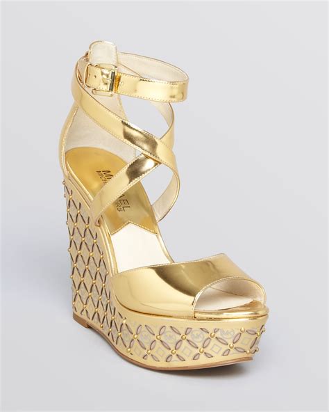 michael michael kors gold open toe platform wedge sandals gabriella|michael kors leather sandals.